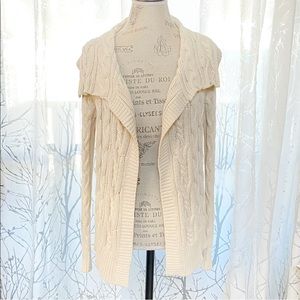 BROCHU WALKER cream tan cableknit knit open front folded collar cardigan sweater